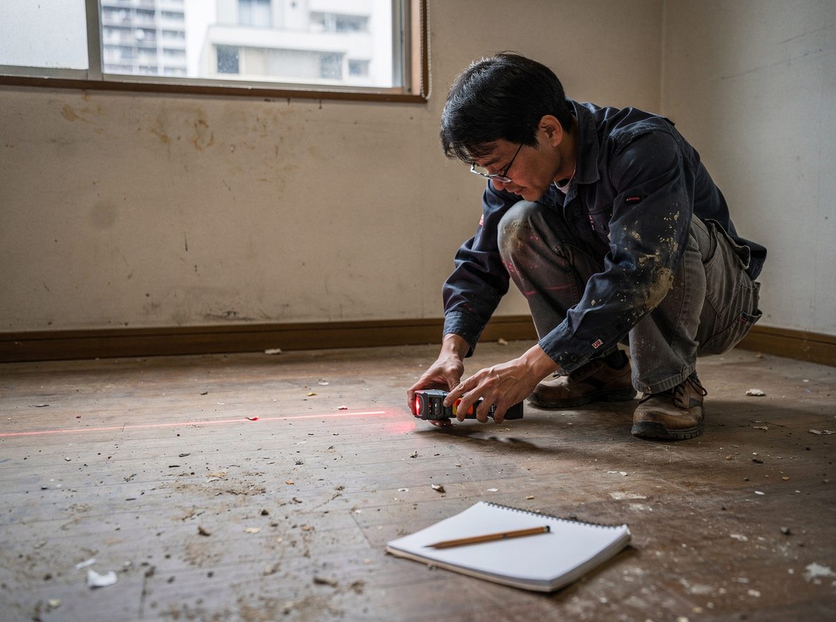 レーザー水平器で床の水平を測っている職人